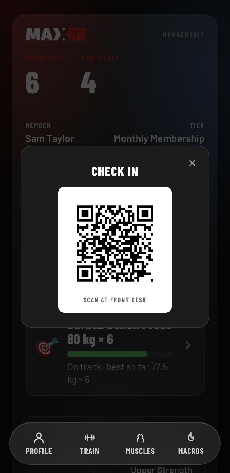 The MaxFit membership card on a phone, showing a check-in QR code to scan at the session