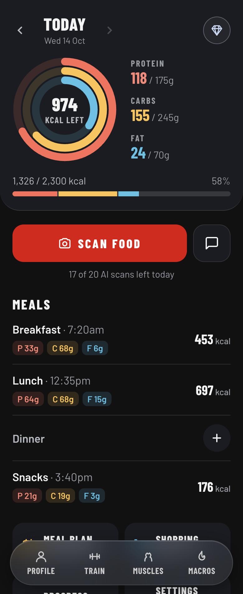 Fuel on a phone, showing calorie and macro rings, a Scan Food button and the day's meals