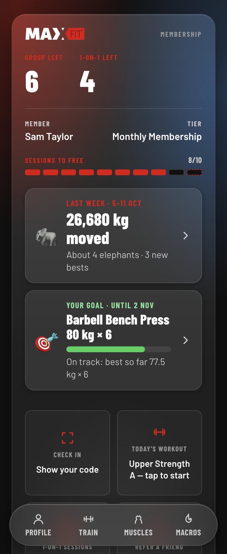 The MaxFit card on a phone, showing sessions left, a loyalty punch card, last week's training recap, a monthly goal and tiles for check-in and today's workout