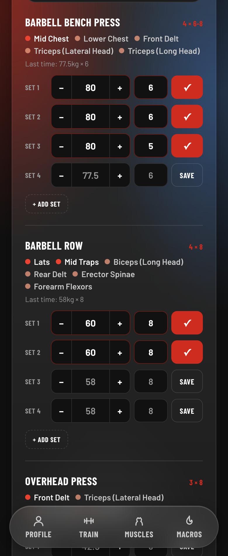 The MaxFit workout tracker on a phone, showing a bench press and a barbell row with the weight and reps for each set, the sets already saved ticked in red, and last time's numbers filled in for the rest